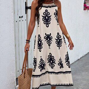 Apricot Boho Women's Loose Fit Pattern Printed Spaghetti Strap Maxi Dress